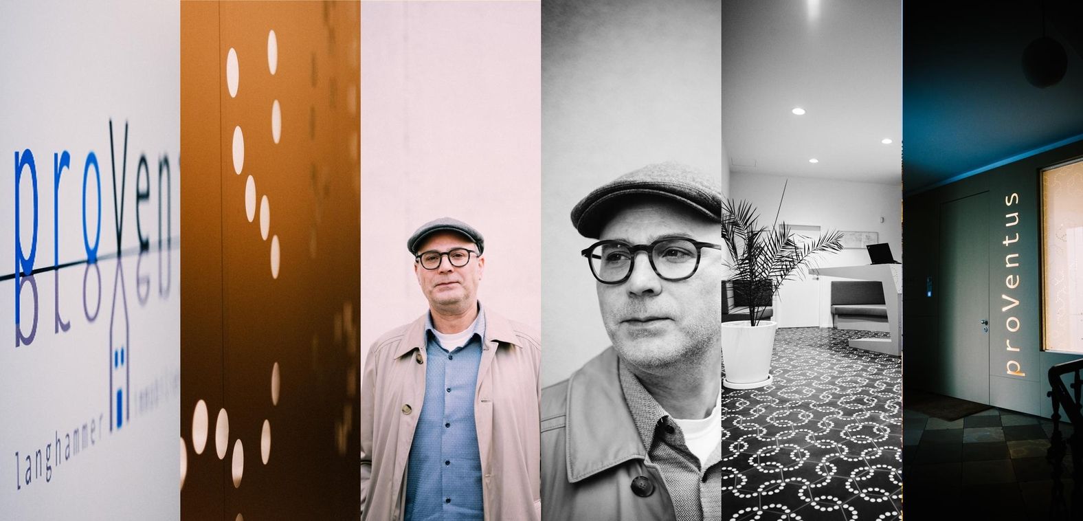Vierteilige Bildfolge mit Schriftzug 'proventus' an Wand, zwei Personen mit Mützen, Innenraum mit Teppich und Pflanze, beleuchteter Schriftzug 'proventus' in dunklem Raum.